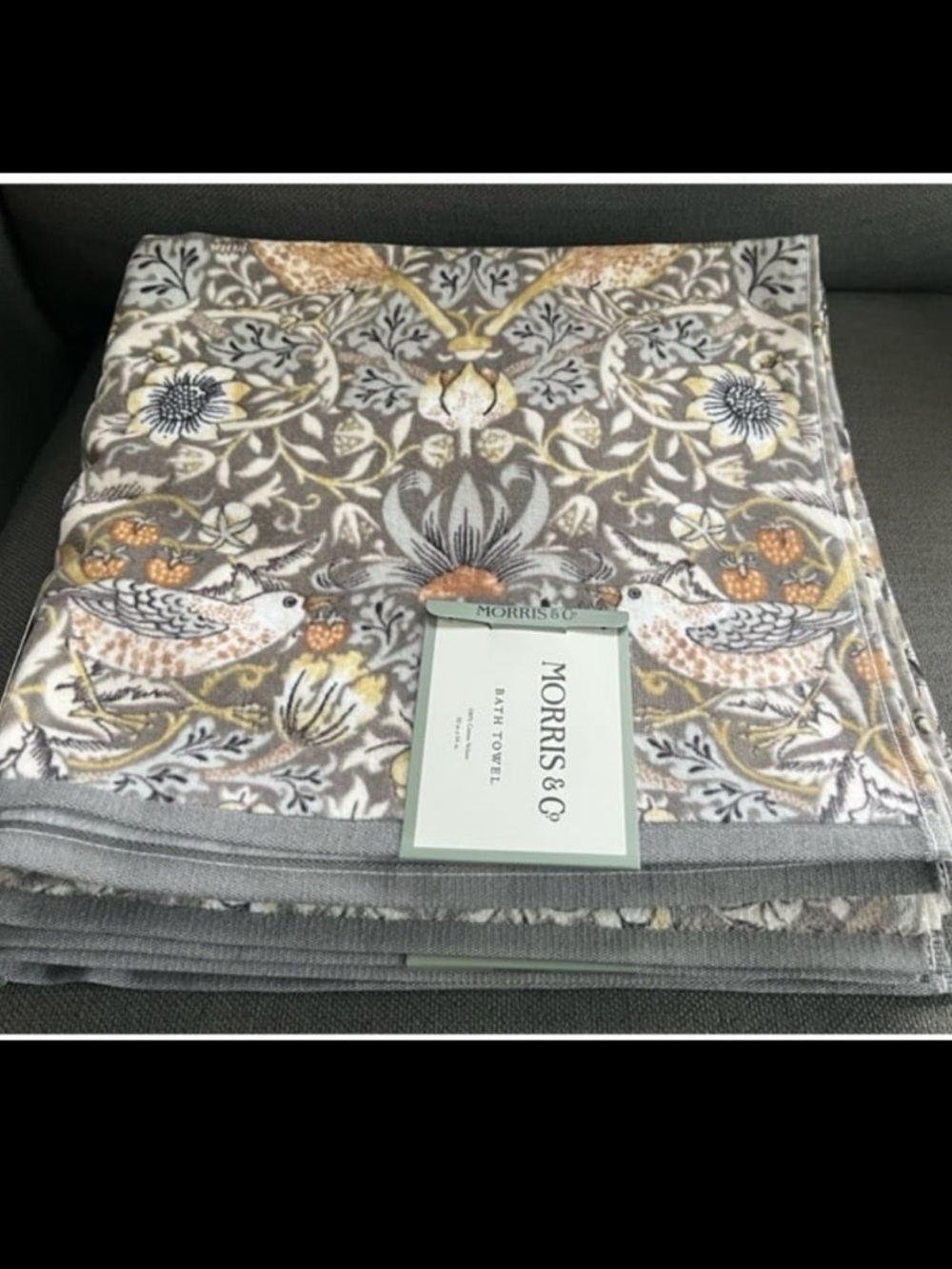 William Morris Co Bath Towels Strawberry Thief Grey Velour 2 Pc Set NEW
